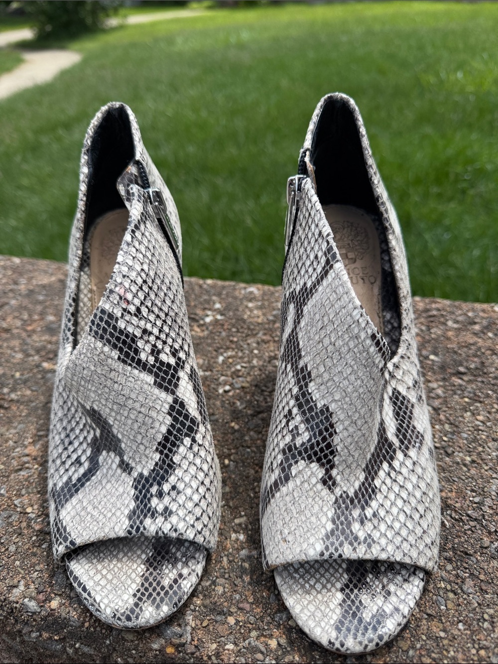 Vince Camuto Snake-Print Peep Toe Booties in Black and Gray